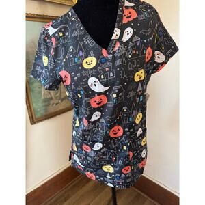 NWT KOI Basics Halloween Haunted Night Scrub Top XS Ghost Pumpkin Print